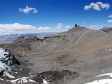 27 Looking Down The Valley To The West Of Nandi From The 13 Golden Chortens On Mount Kailash South Face In Saptarishi Cave On Mount Kailash Inner Kora Nandi Parikrama The panorama view now looks back down the valley that I earlier trekked to the west of Nandi from The 13 Golden Chortens on Mount Kailash South Face in Saptarishi Cave. The lingam-shaped rock is on the west wall of the valley.